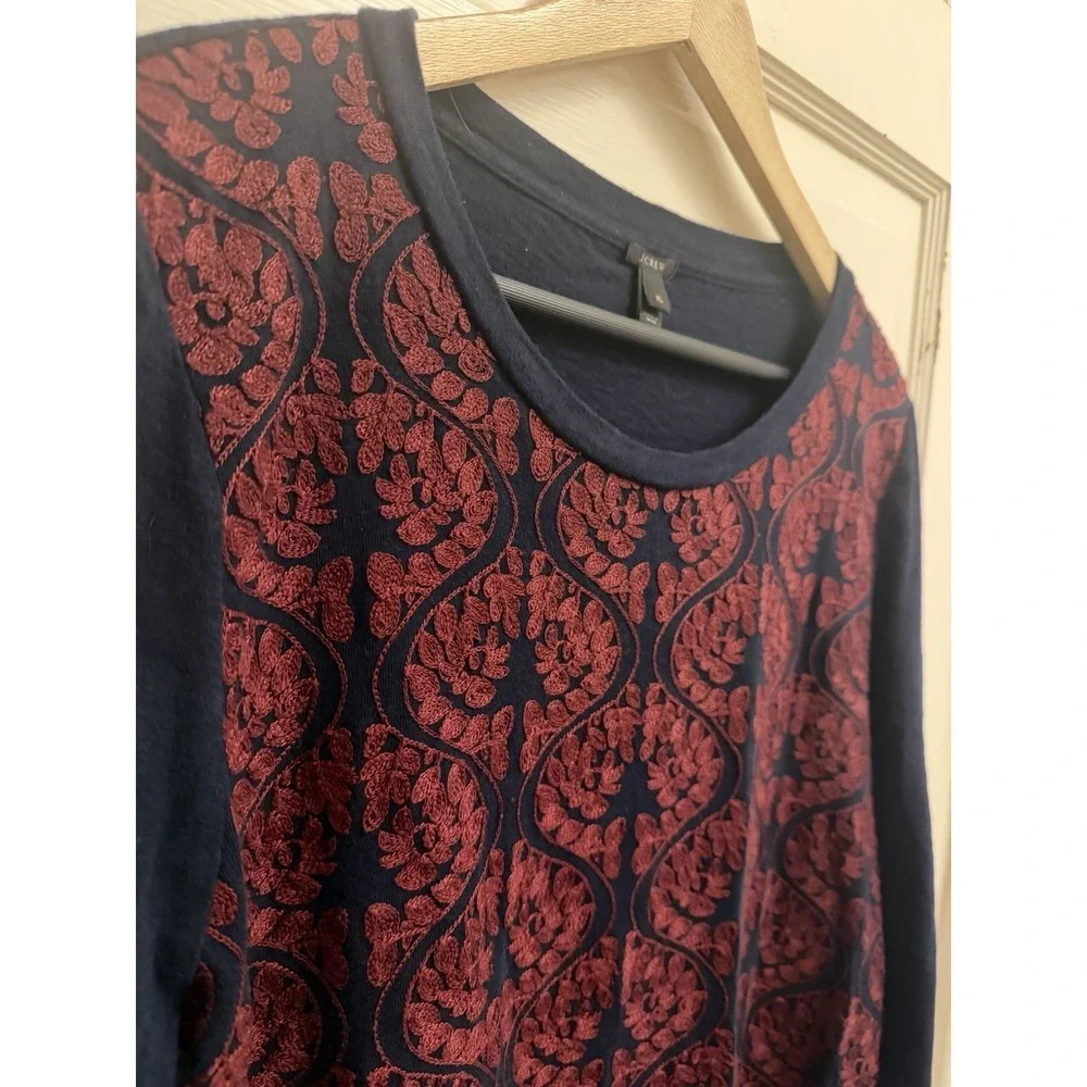 J.Crew Women's Navy Purple Embroidered Slim Fit ¾‎ Sleeve Tee Shirt Top Size XL